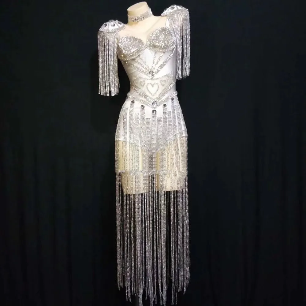 

Dancer Group Sparkly White Rhinestones Tassels Epaulet Bodysuit Sexy Fashion Female Singer Stage Wear Nightclub