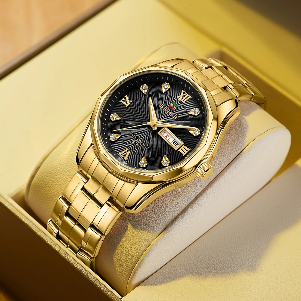 SWISH New Watches Luxury for Male Black Blue Face Stainless Steel Gold Wristwatch Business Quartz Clock Montre Homme Relogio