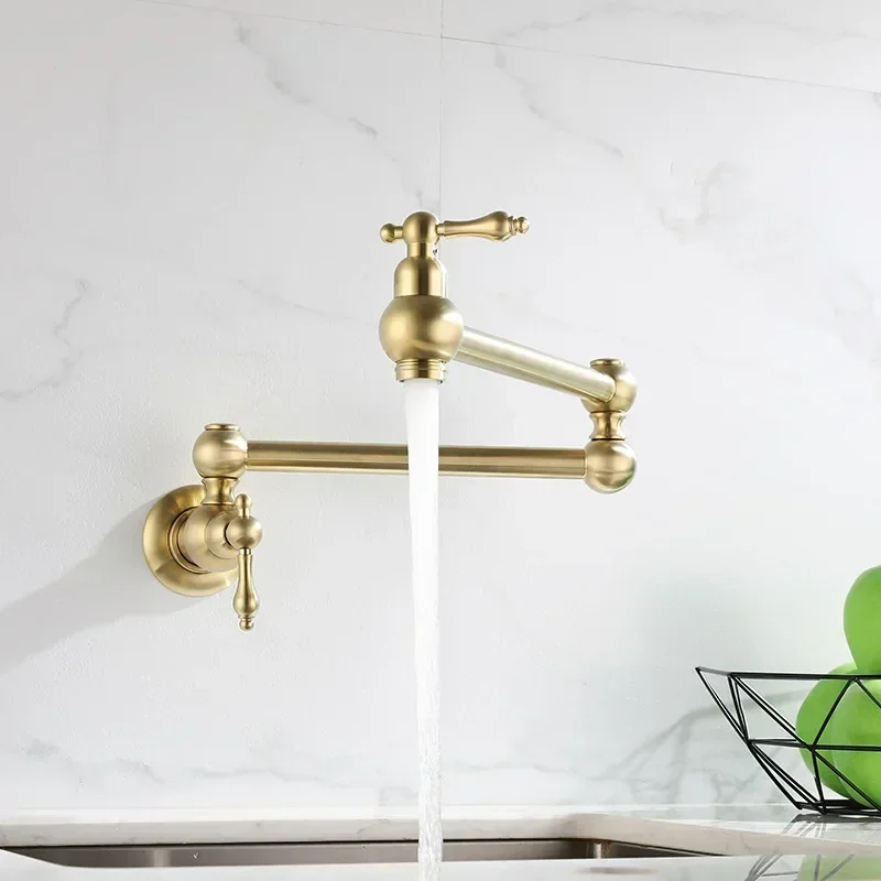 

Tuqiu Pot Filler Tap Wall Mounted Foldable Brushed Gold Kitchen Faucet Single Cold Sink Tap Rotate Folding Spout Chrome Brass