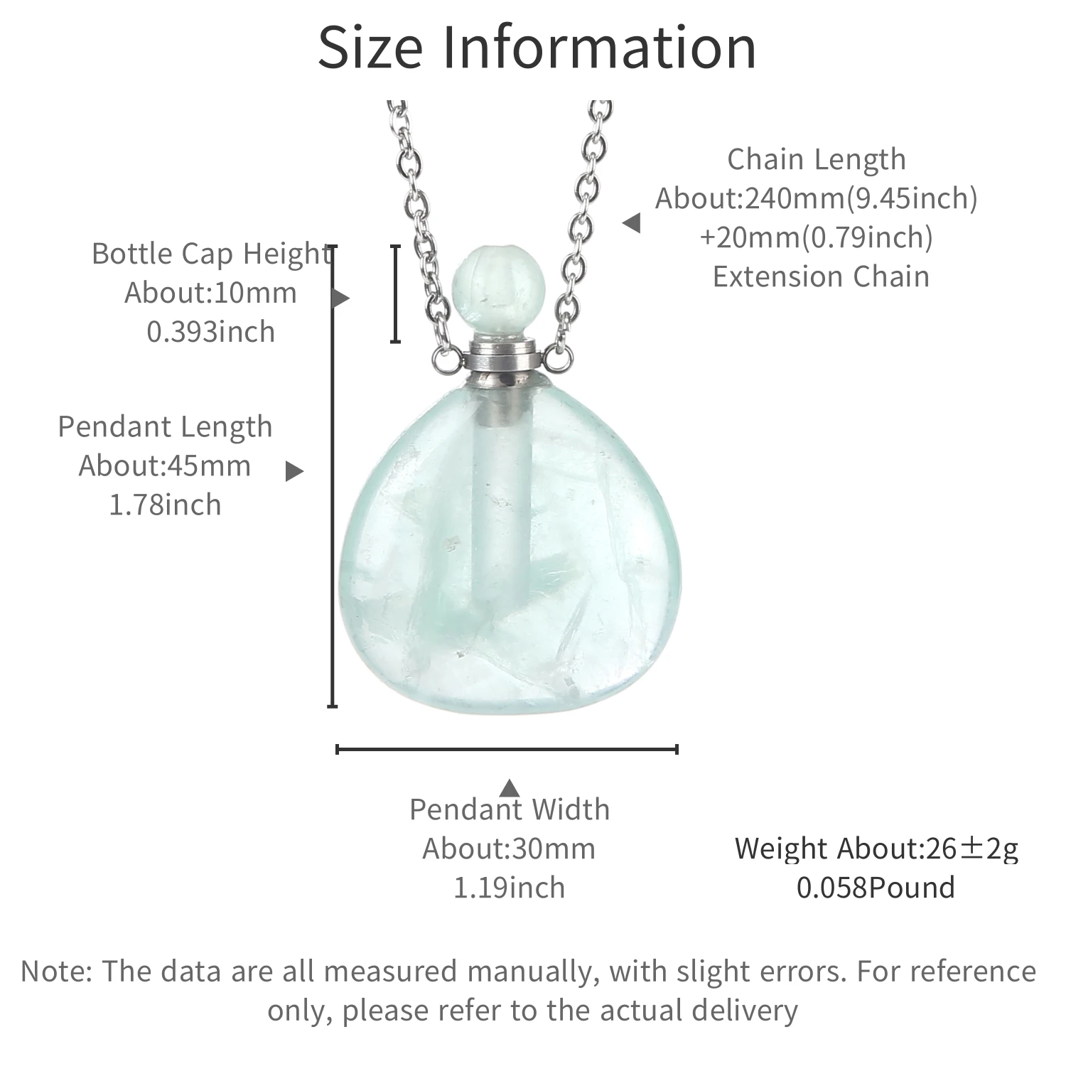 VGDS Natural Crystal Green Fluorite Water Drop Inverted Heart Perfume Bottle Necklace Pendant Stainless Steel Accessories Opened