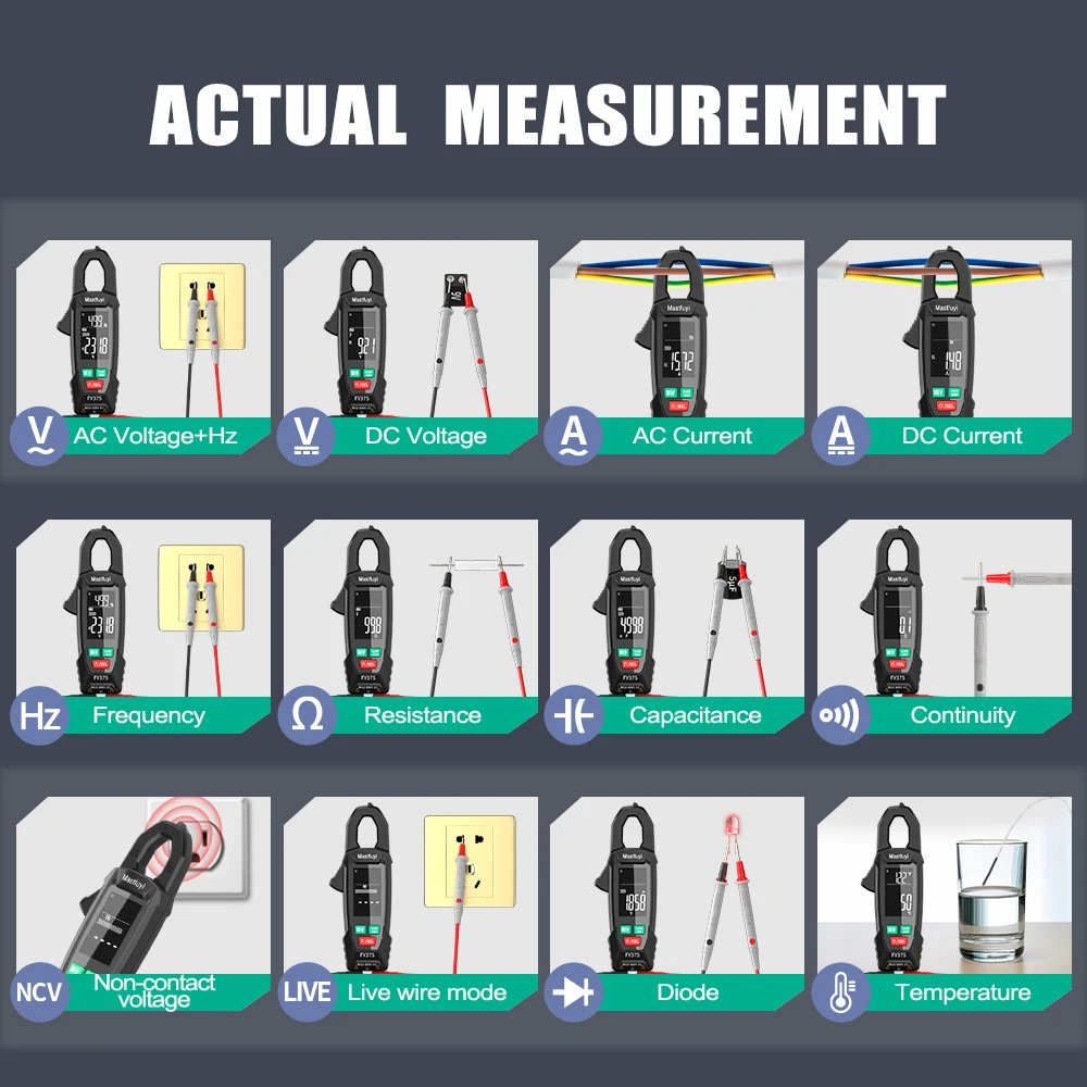 MASTFUYI Clamp Meter Digital Ampere Clamp Multimeter Electrician Tools AC/DC 9999 Counts True RMS Ohm Capacitance Measurement