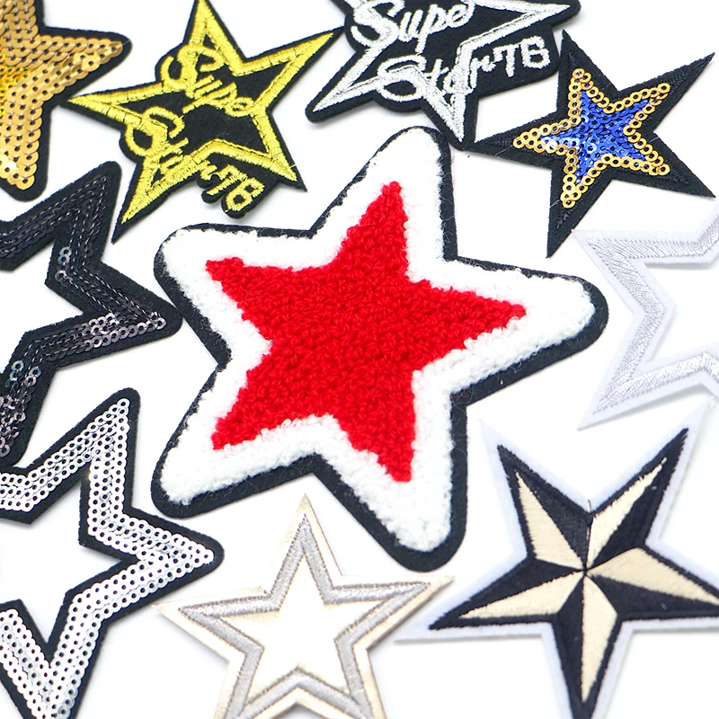 Aushöhlen Sterne glänzende Stern Pailletten Symbol Chenille gestickte Applikation für Kleidung auf DIY Eisen auf Patches auf den Aufklebern nähen