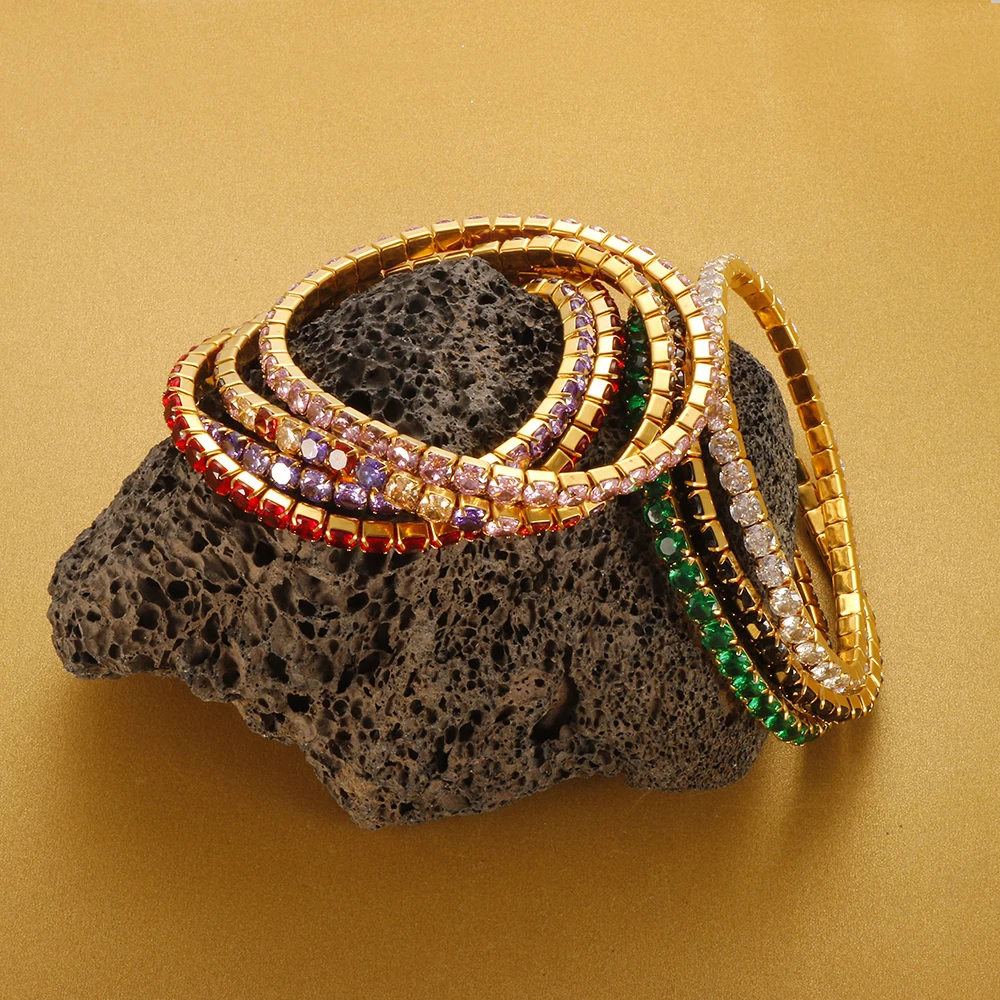 European And American Stainless Steel Colorful CZ Elastic Line Bracelet Square Buckle Niche Bracelet Elegant Temperament Gift