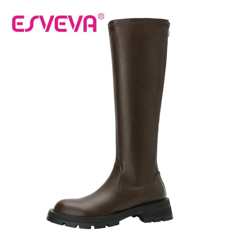 

ESVEVA 2023 Cow Leather Round Toe Women Zipper Short Plush Knee High Boots Sexy Boots British Nobility Style Shoes Size 34-40