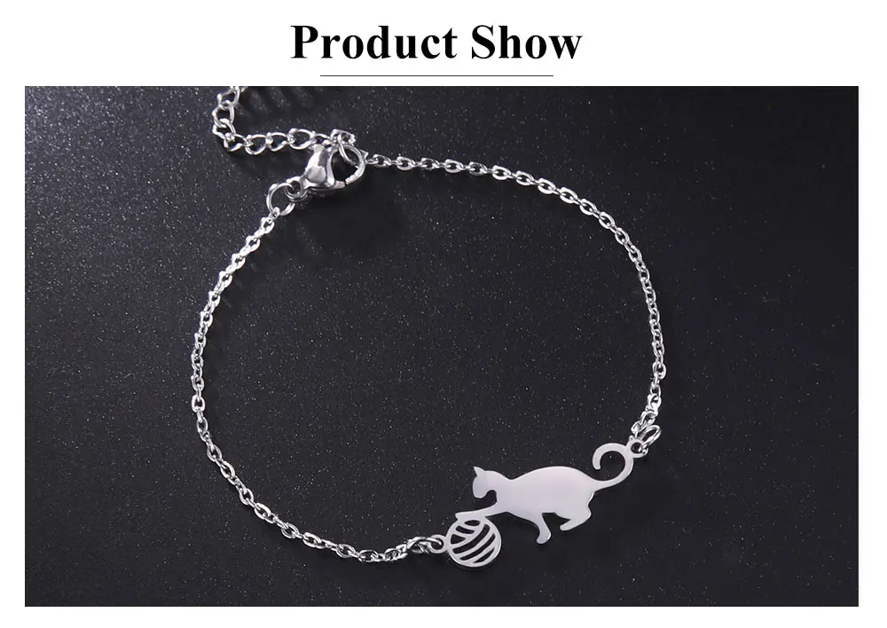 Cat Playing Ball of Yarn Bracelets for Women Stainless Steel Animal Cute Kitten Charm Bracelet - PeticaDeals