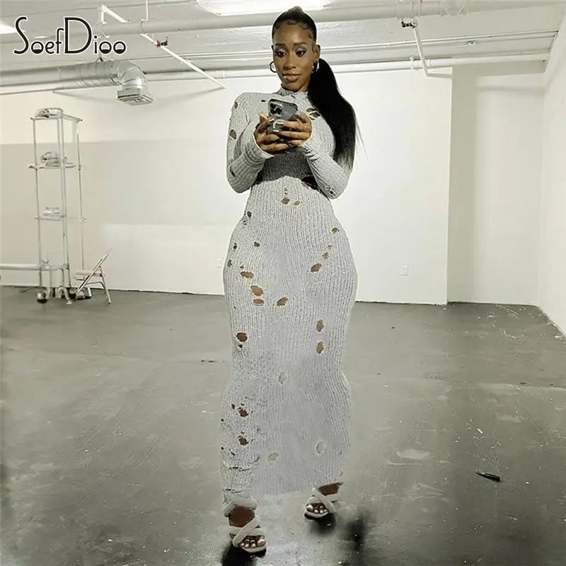 

Женское трикотажное платье макси Soefdioo, с длинным рукавом и круглым вырезом, Бандажное приталенное платье, осень 2023