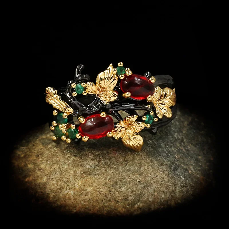 Leaf Flower Color Zircon Ladies Women's Ring Jewelry Black Gold Two-color Red Zircon Ring Ladies golden ring gemstone ring gold rings