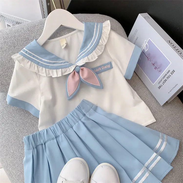 

Summer Girls' clothing jk Korean Dresses Short-sleeved Summer Dress Girl Kawaii Shirt College Style Pleated Skirt Two-piece Set