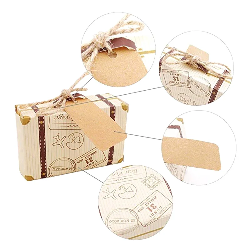 50 Scatoline Bomboniera Mini Valigia Kraft - Con Etichette E Spago Iuta - Per Matrimoni E Feste A Tema Viaggio - Foto 8