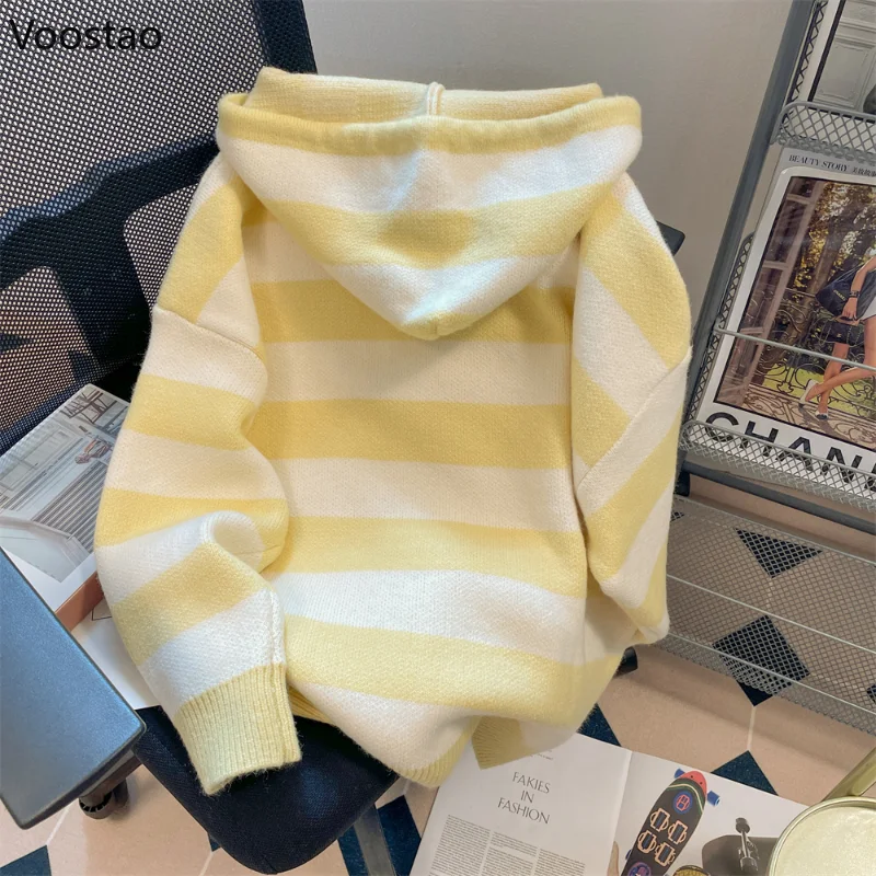 Spring Autumn Casual Cartoon Embroidery Striped Hooded Sweater Women Sweet Knitted Cardigan Coat Japanese Girls Loose Knitwear 4