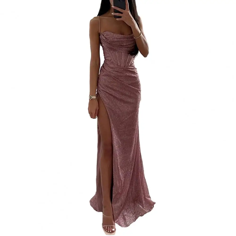 

Women Polyester Maxi Dress Soft Fabric Casual Dress Elegant Sequin Spaghetti Strap Evening Dress with Off Shoulder for Women's