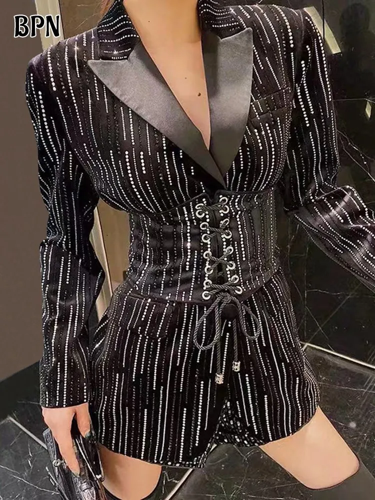 

BPN Temperament Striped Blazers For Women Notched Collar Long Sleeve Spliced Lace Up Tunic Slim Blazer Female Fashion Clothes