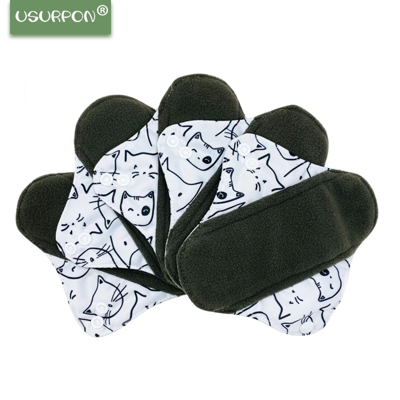 

[Usurpon] 5PCS Bamboo Charcoal Cloth Napkin Reusable Washable Menstrual Pads Women Hygiene Sanitary Towels Pads Panty Liner