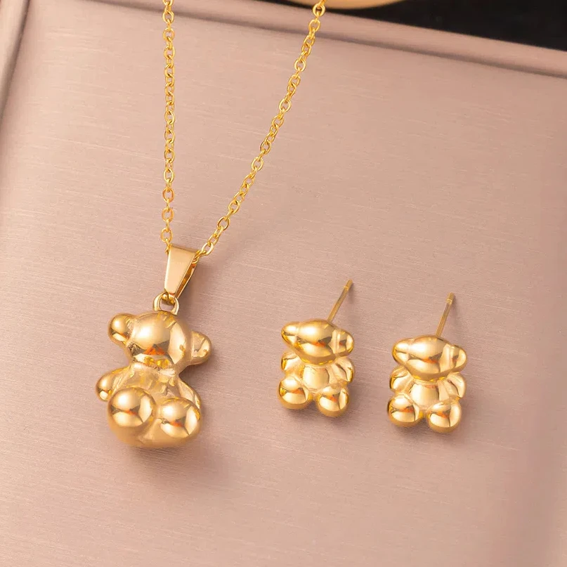 3PCS anime style 3D cute bear earrings necklace set for women stainless steel not fading INS couples gift jewelry
