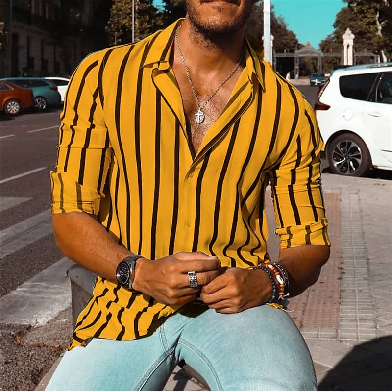

2024 Men's Shirt Button Up Shirt 6XL Summer Shirt Yellow Long Sleeve Striped Lapel Resort Shirt Fashionable Casual Comfortable