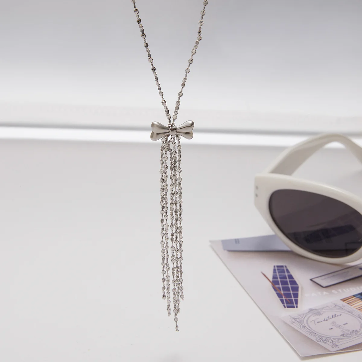 Classic Silver Color Metal Tassel Bow Knot Sweater Chain Necklace Designer Style Stainless Steel Hypoallergenic Women's Choker