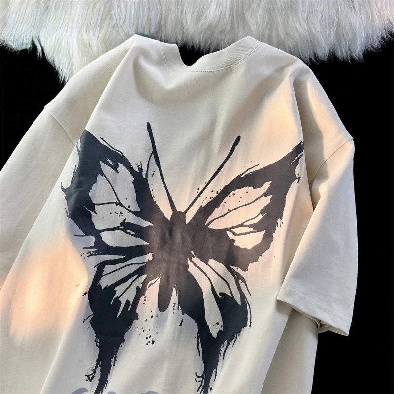 

Pure Cotton American Trendy Brand Ins Butterfly Short Sleeved T-shirt for Men and Women with Summer Loose Design and Retro Top