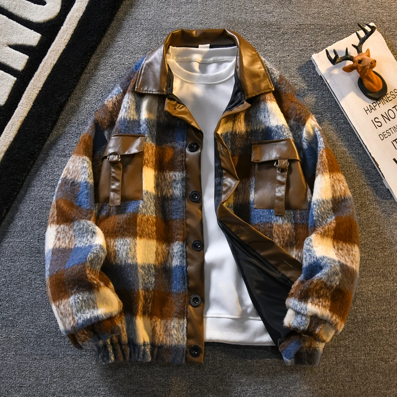 

Men's High-Quality Plaid Shirt Jacket with Large Pockets and PU Leather Patchwork Autumn Coat for Workwear and Casual Wear