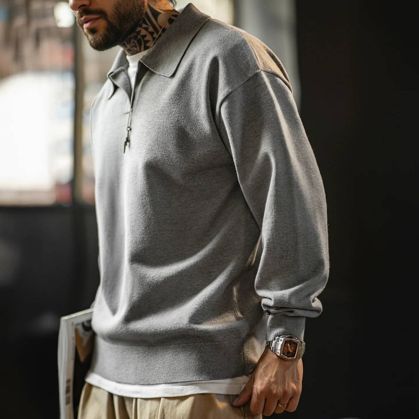 Maden Polo da uomo vintage lavorata a maglia tinta unita felpa a maniche lunghe morbida risvolto strato pullover maglieria per pendolari autunnali - immagine 2