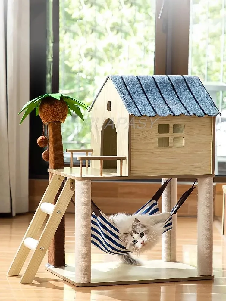 

Cat Tree Wood Climbing Shelf Frame Grabbing Column Sisal Cat Villa Nest Scratcher Post Condo Scratching Jumping Platform Cat Toy