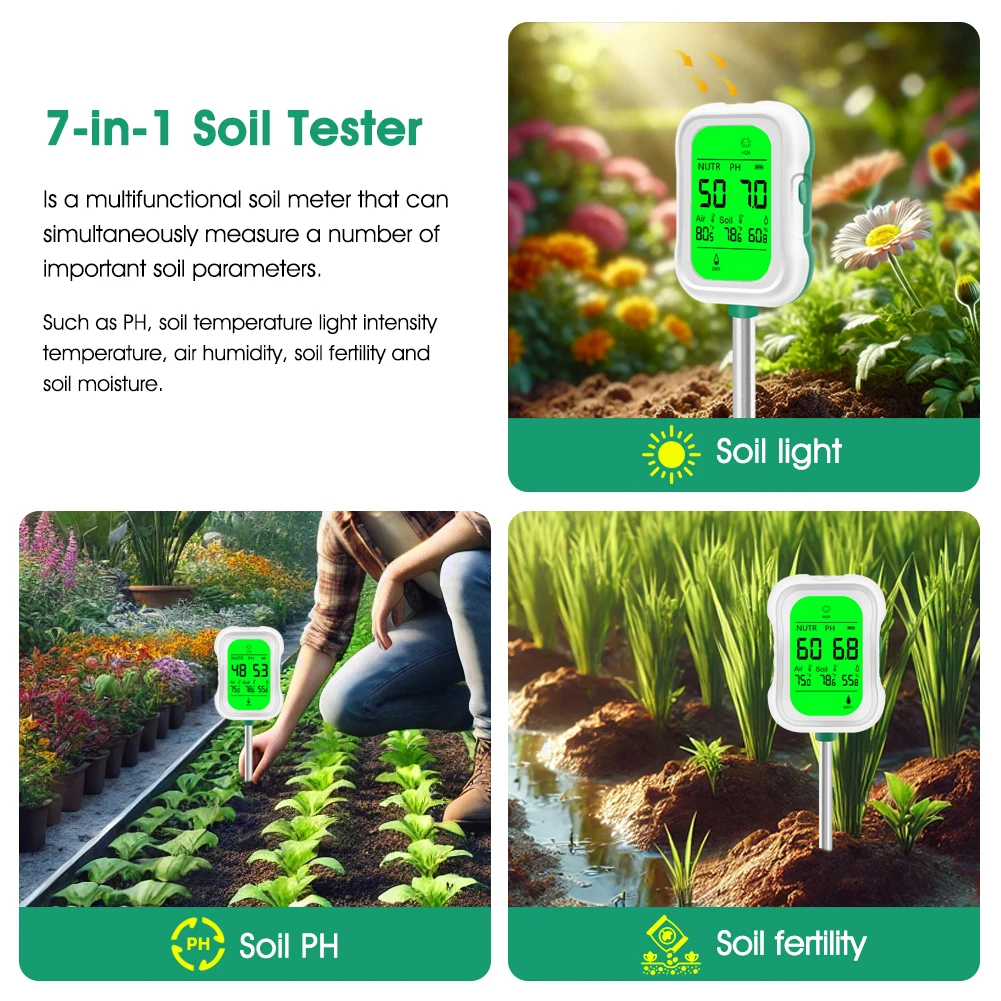 Soil Meter Digital pH Moisture Fertility Light Temp Humidity Analyzer for Garden