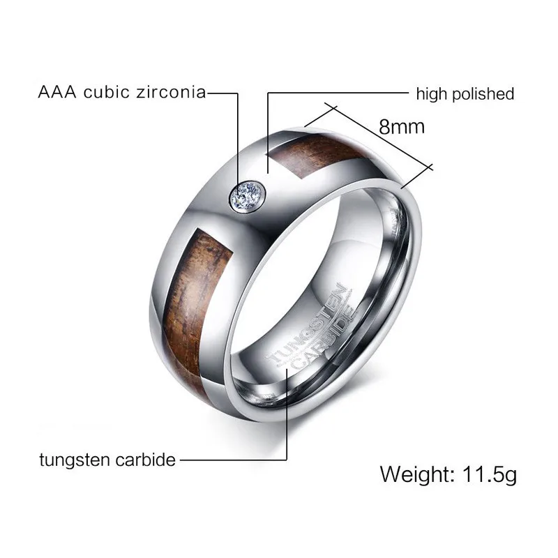 8mm Tungsten Steel Ring Men's Acacia Wood Zircon Engagement Ring Jewelry
