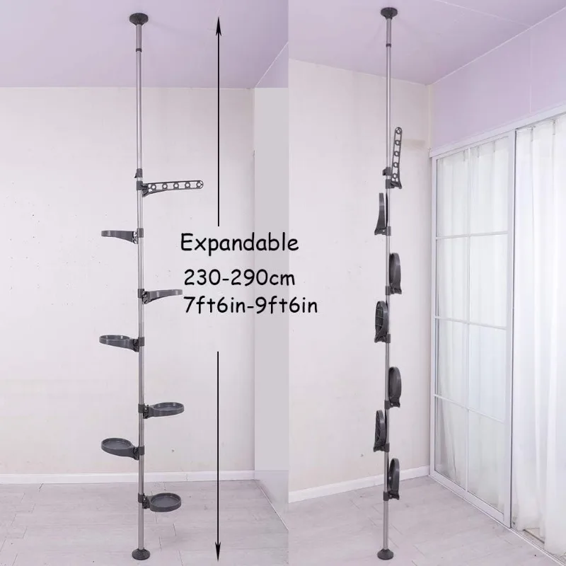 7-Tier Indoor Plant Pole Spring Tension Rod Expandable Flower Pots Display Rack Stand Hanger Metal Corner Storage Shelf, 5
