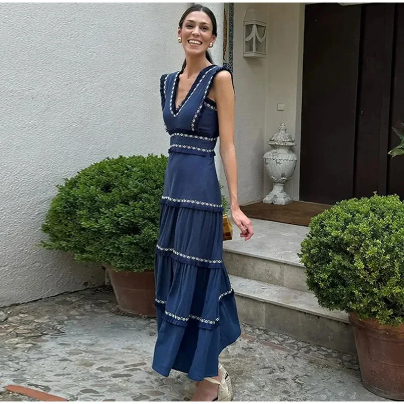 Chic Elegant Tassel Spliced Print Ruffles Long Dress Women Fashion V Neck Sleeveless A-line Robe Chic Lady Holiday Robe