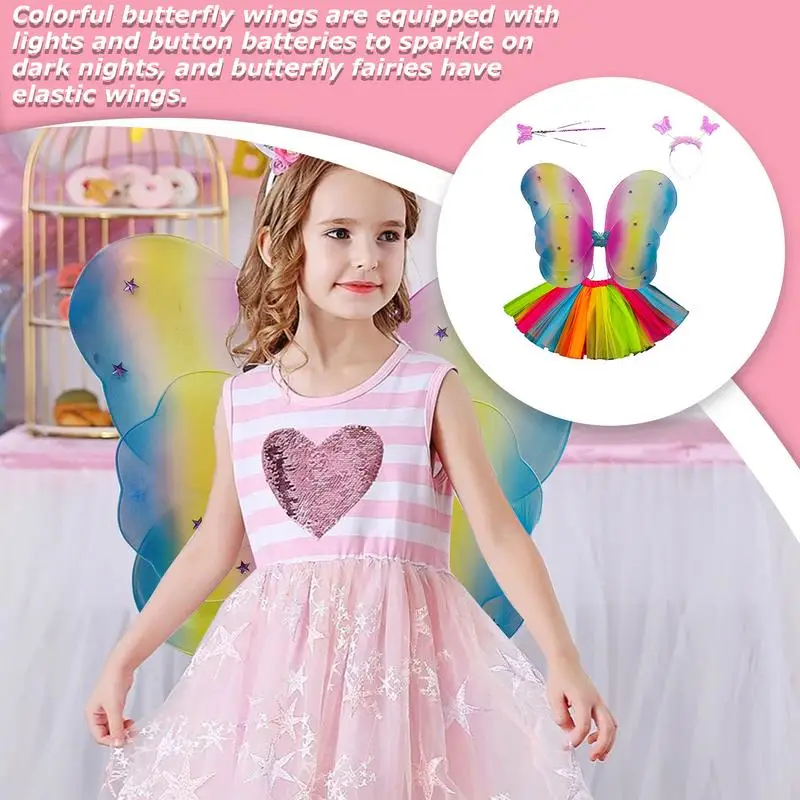 Angel Wings Costume Kids With Lights Fairy Wing Pack & Butterfly Wand Cosplay Accessories 4 Pcs Dress Up Fairy Wings