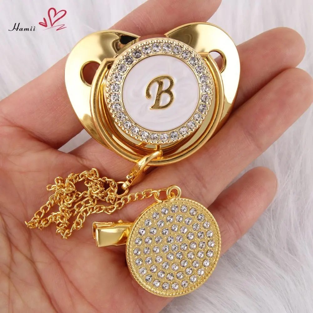 

26 Initial Letter Gold Transparent Baby Pacifier with Clip Newborn BPA Free Luxury Bling Dummy Soother Chupetes 0-12 Months