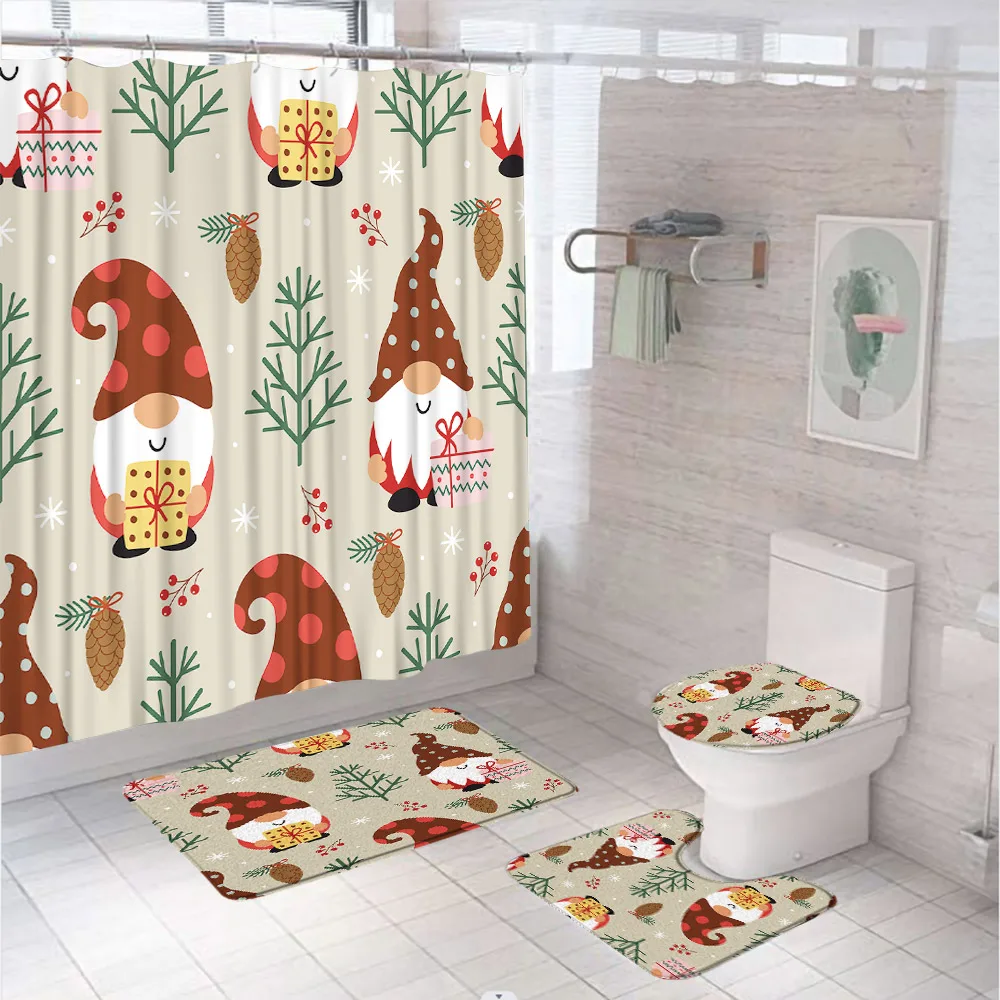 

4Pcs Christmas Shower Curtain Set with Non-Slip Rug Toilet Lid Cover Bath Mat Santa Claus Dwarf Gift Bathtubs Curtains 12 Hooks