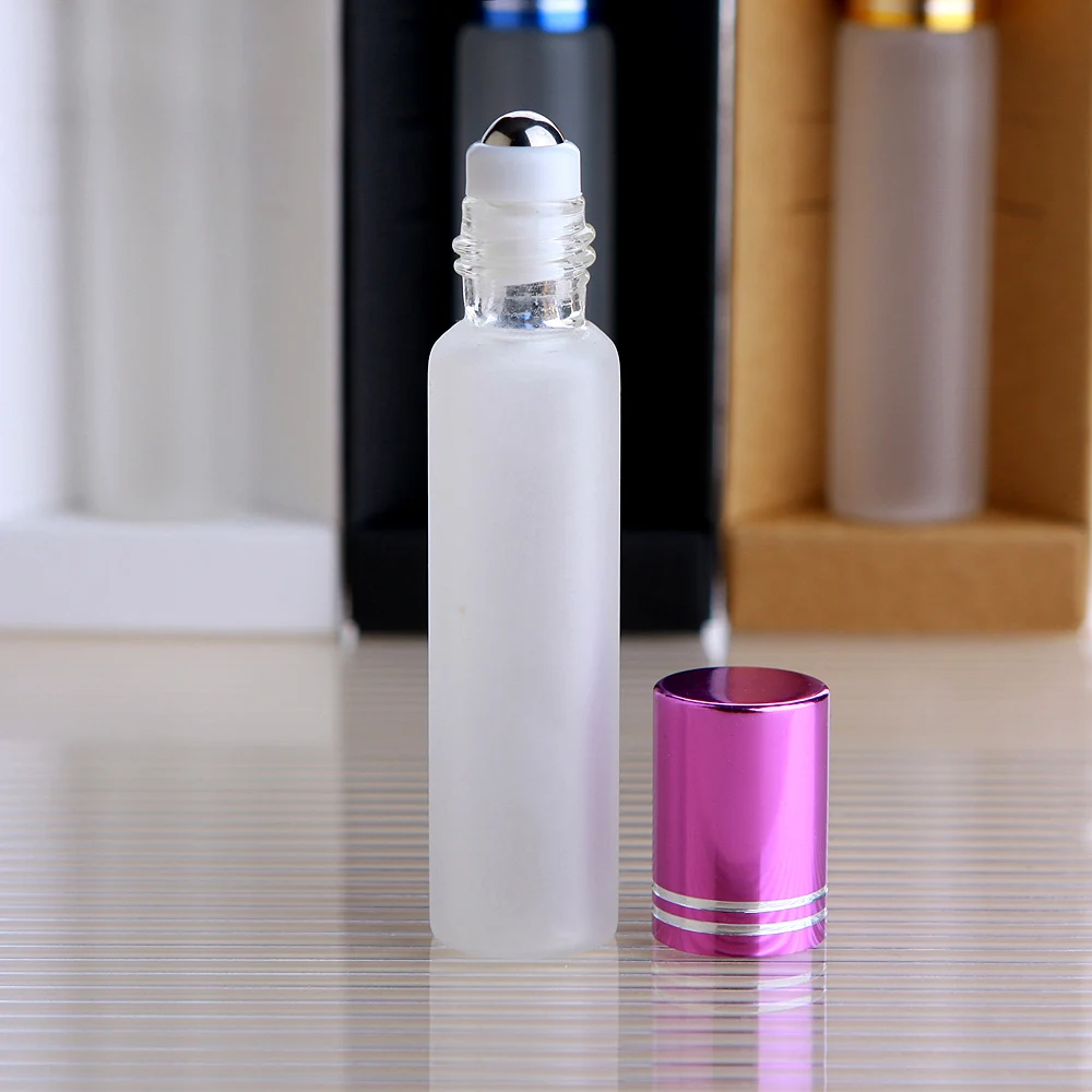 50 Pcs/Lot 10ml Frost Roll On Bottle Essential Oil Bottles With Box Refillable Perfume Bottle Glass Vials Print Pay Extra