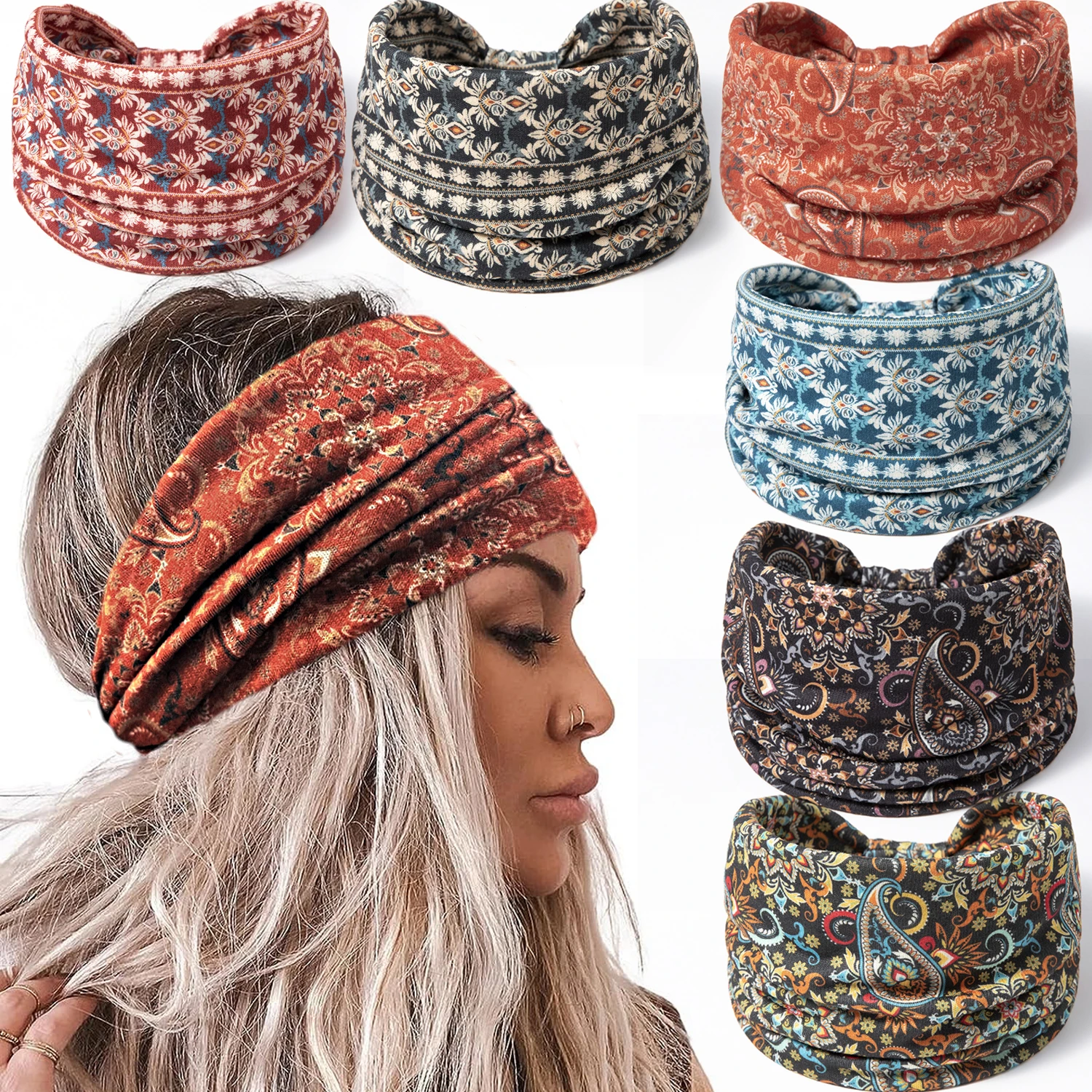 Wide Boho Paisley Cashew Flower Headbands For Women Knotted Print Turban Yoga Non Slip Workout Head Bands Hippie Bandana boho floral shower curtain sets vintage flowers bird bath curtains bathroom decor geometric hippie abstract leaf fabric screen