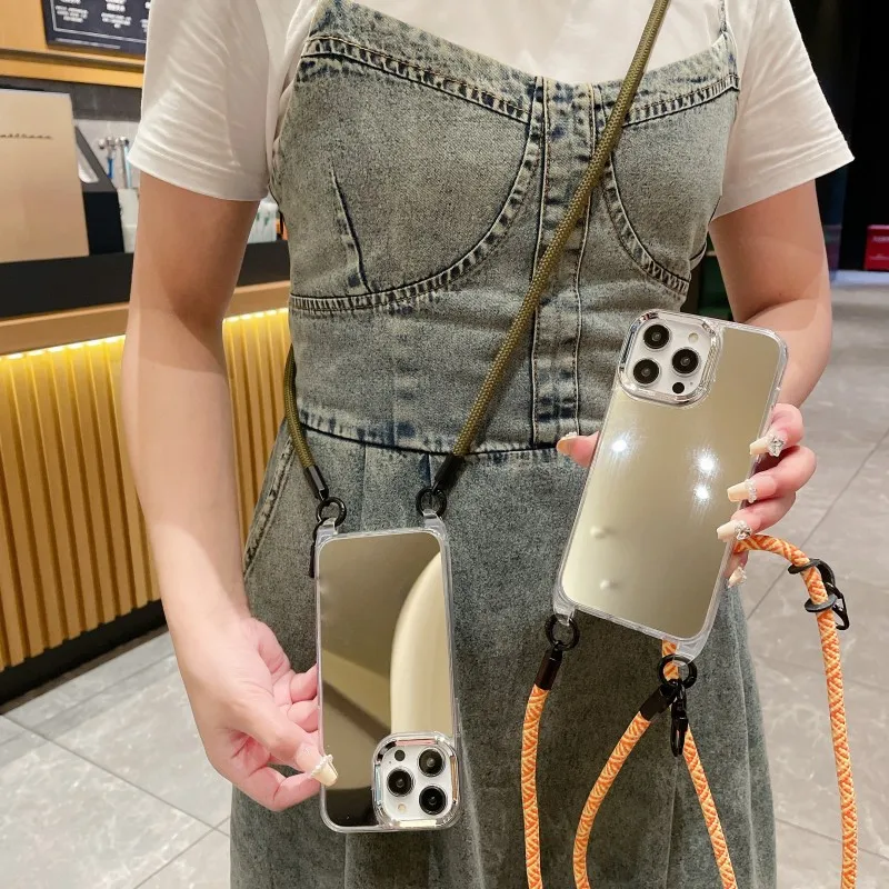Outdoor Hiking Lanyard Mirror Make Up Case For iPhone 15 14 13 12