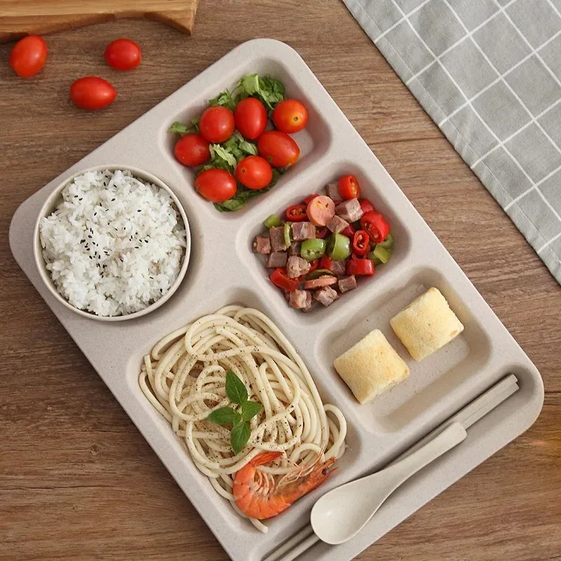 Wheat Straw Restaurant Dining Tray Split Plate Home Dining Tray Adult Fast Food School Hotel Large Capacity Five-grid