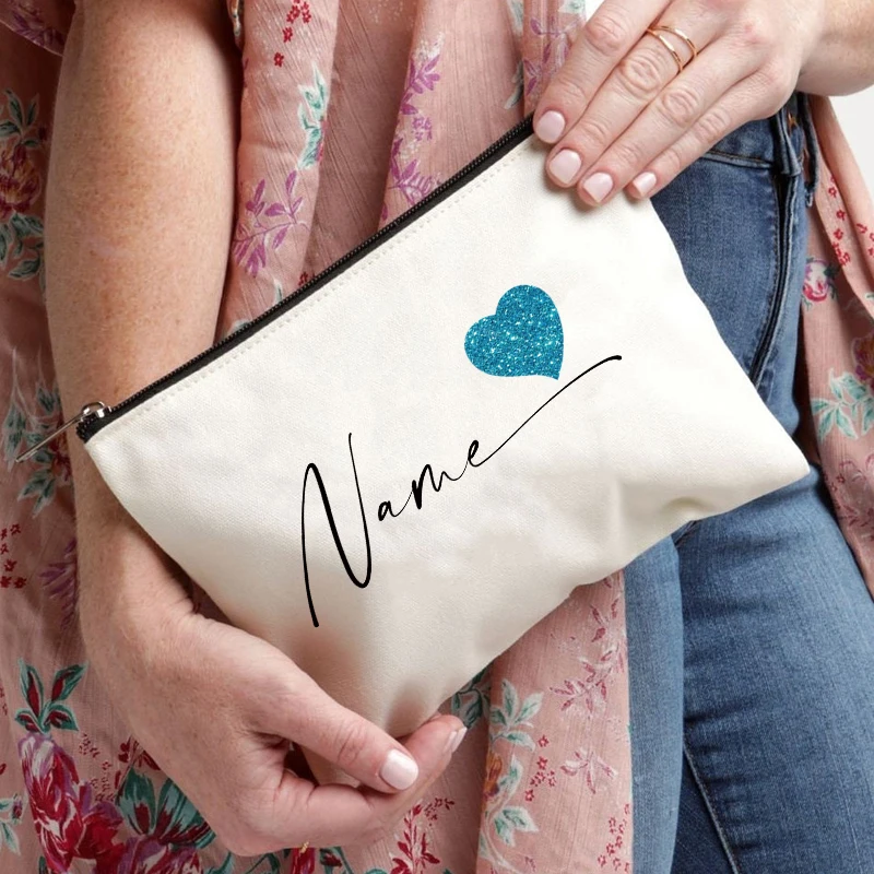 Heart Custom Name Simple Makeup Bag Organizer Travel Cosmetic Canvas Storage Pouch Women Pencil Case Purse Wedding Spouse Gift 3