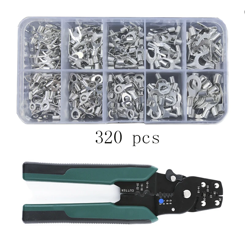 320 Pcs 10 Model Crimp Terminal+Pliers 0.5-4Mm Non-Insulated Ring Fork U-Type Brass Assortment Cable Wire Connector Spade Boxed