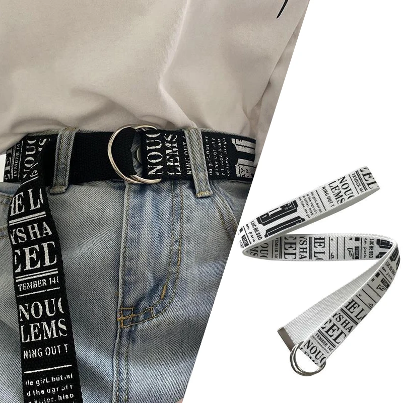 

Double Buckle Letter Printed Canvas Waistband For Women And Men Simple And Fashionable Jeans With Belt Decoration