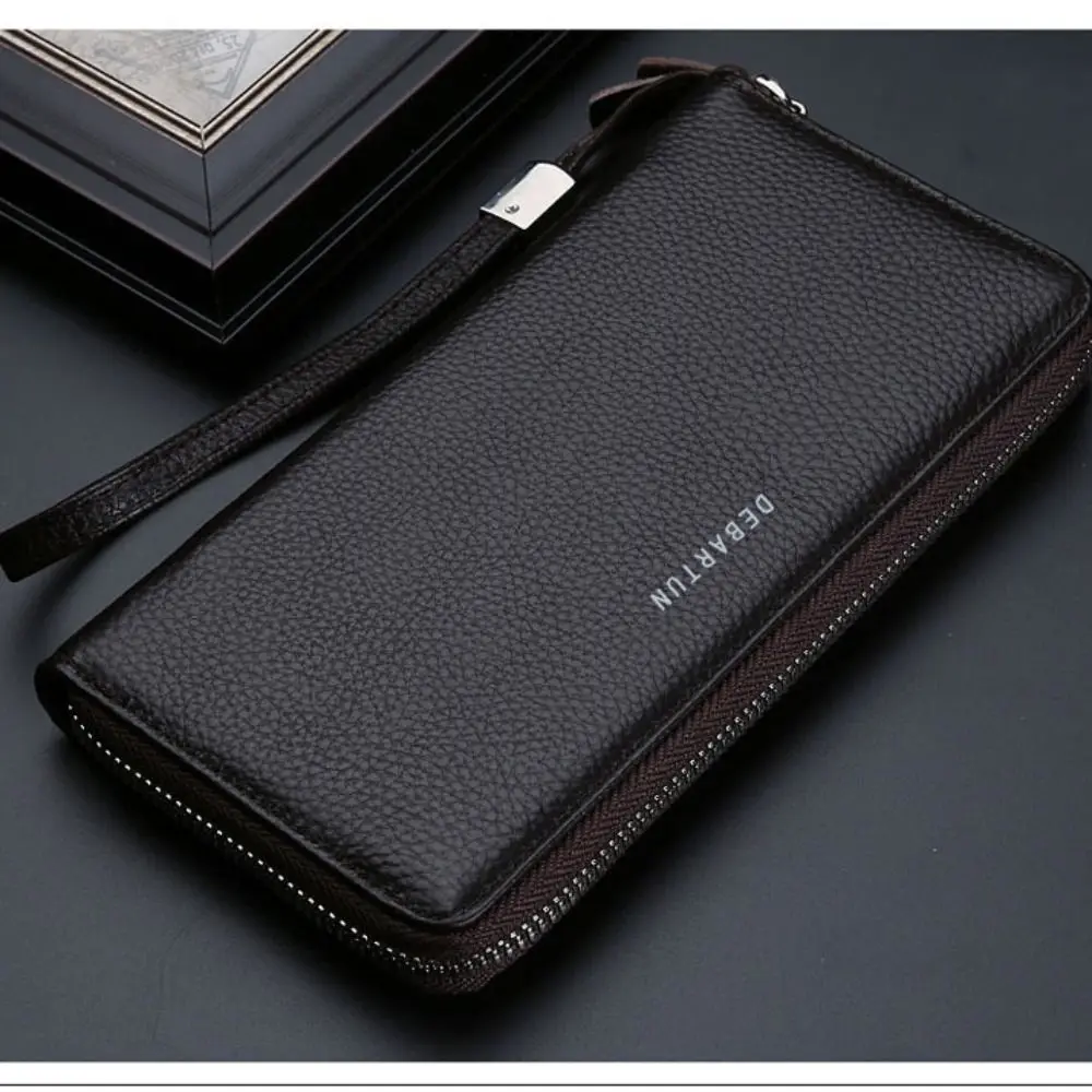 New PU Leather Men Long Wallet Zipper Solid Color Phone Bag Large Capacity Card Holder