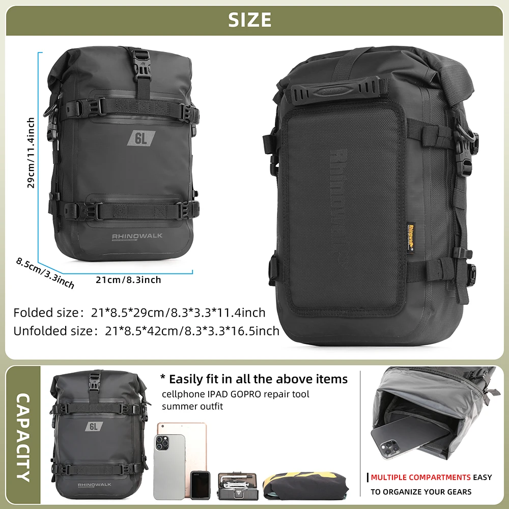 Rhinowalk Motorcycle Bumper Bag 6L Waterproof Frame Crash Bar Bumper Pack Multifunctional Motor Fuel Tank Bag Back Seat Side