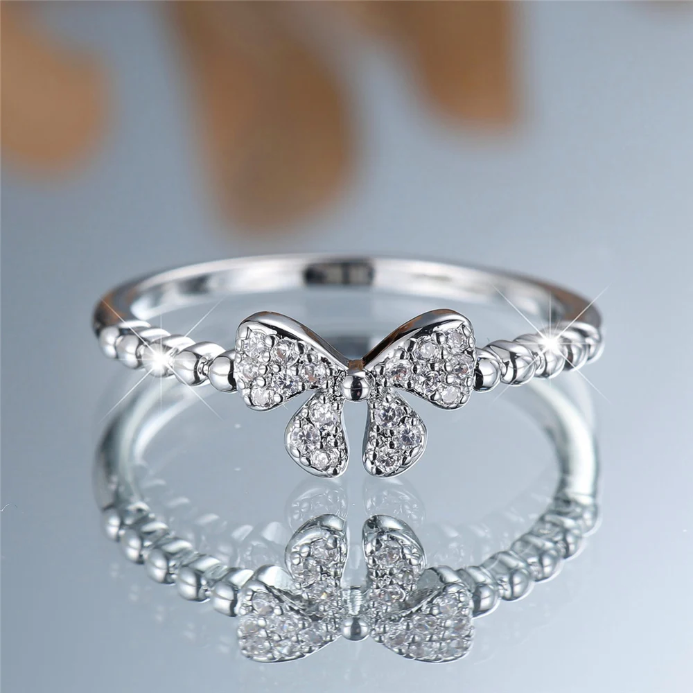 Trendy Crystal White Zircon Stone Vintage Silver Color Wedding Bands Cute Bowknot Rings For Women Men Minimalist Jewelry