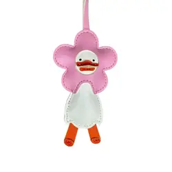 Charming Leather Flower Duck Keychain - Handmade Bag Accessory & Gift (Pink Hat)