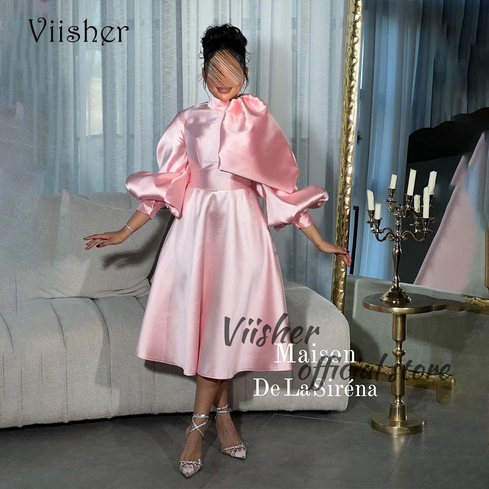 

Viisher Pink Satin Evening Dresses Long Sleeve High Neck Arabian Dubai Prom Dress A Line Tea Length Formal Party Gowns