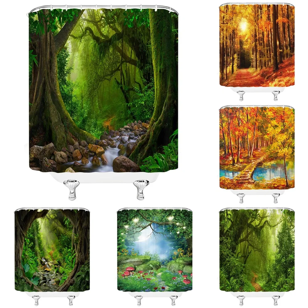 

Green Primeval Forest Shower Curtain Polyester Fabric Tropical Plant Tree Jungle Nature Scenery Bath Curtains for Bathroom Decor