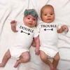 Newborn Baby Bodysuits Double Trouble Twin Kids Unisex Short Sleeve Rompers Playsuits Outfits Boys Girls Born Crawling Clothing 1
