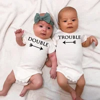 Newborn Baby Bodysuits Double Trouble Twin Kids Unisex Short Sleeve Rompers Playsuits Outfits Boys Girls Born Crawling Clothing 1