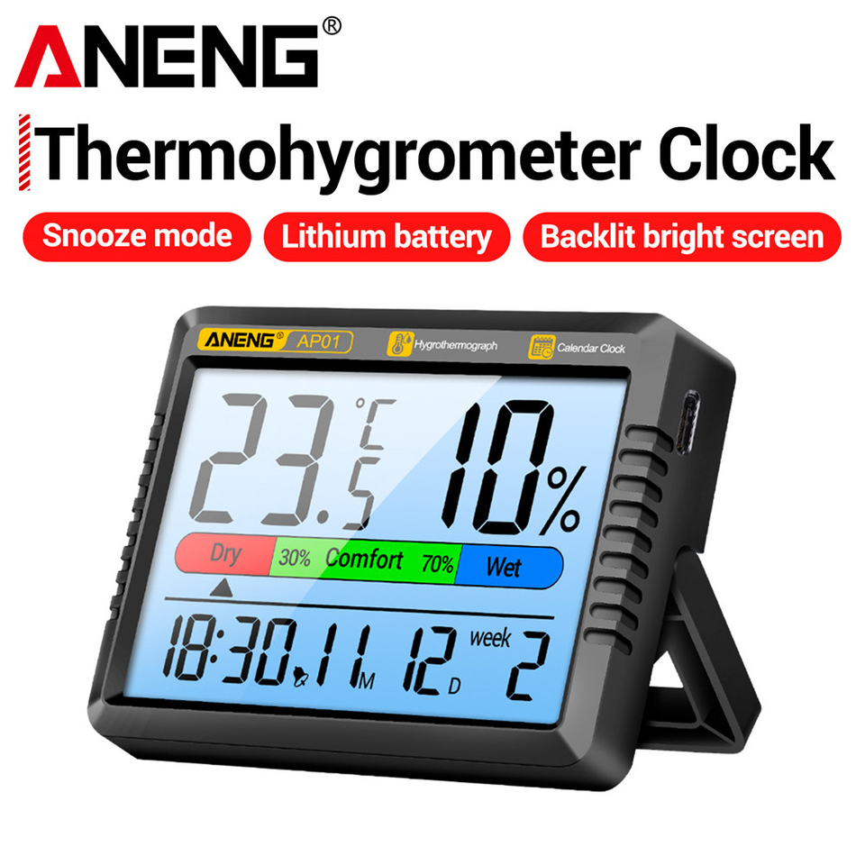 Handheld Digital Temperature Humidity Meter LCD Screen Thermometer Hygrometer Clock High Precision Air Thermometer Hygrometer