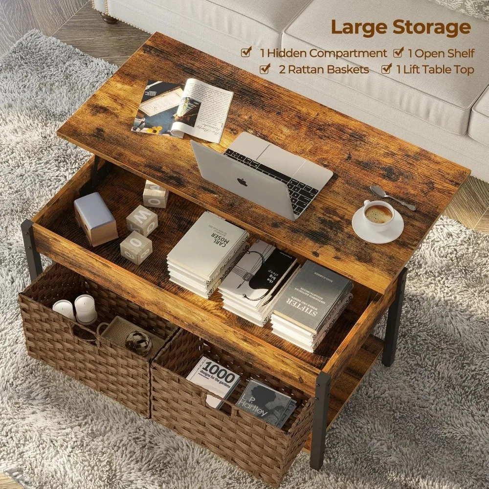 Hidden Storage Compartment and 2 Rattan Baskets, 41.7" Retro Central Table, Rustic Brown, Café Tables 5