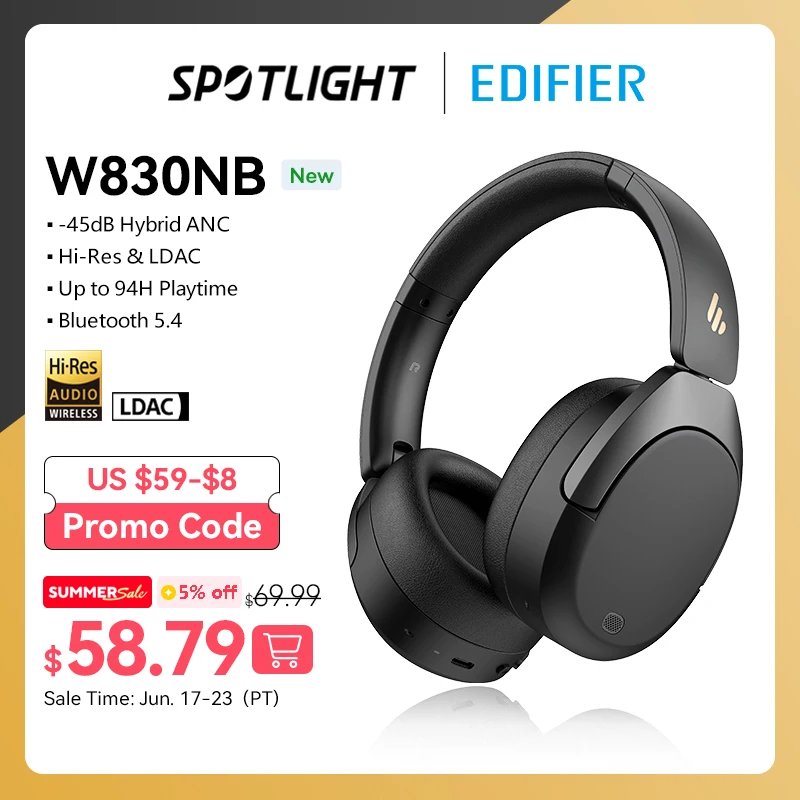 Фото Беспроводные наушники Edifier W830NB, Bluetooth 5,4, активное шумоподавление, высокий уровень разрешения, Накладные наушники LDAC, складные,-45 дБ, ANC 94H №1