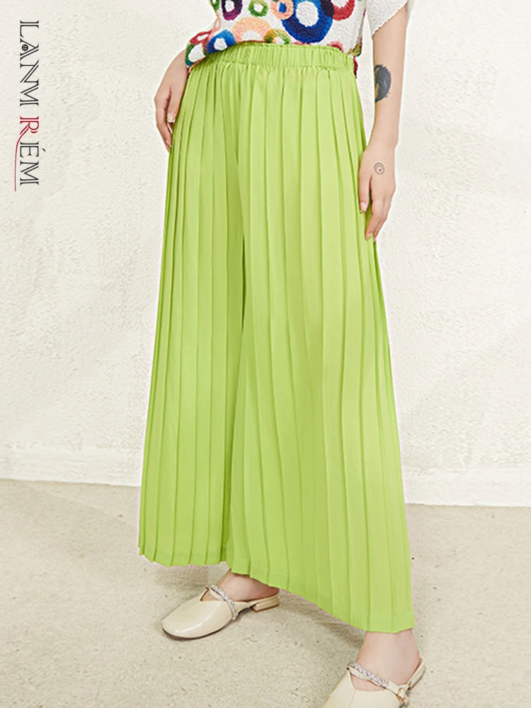 

LANMREM Pleated Pants For Women High Elastic Waist Solid Straight Wide Leg Trousers Female Clothing 2023 Summer New 2YA2673